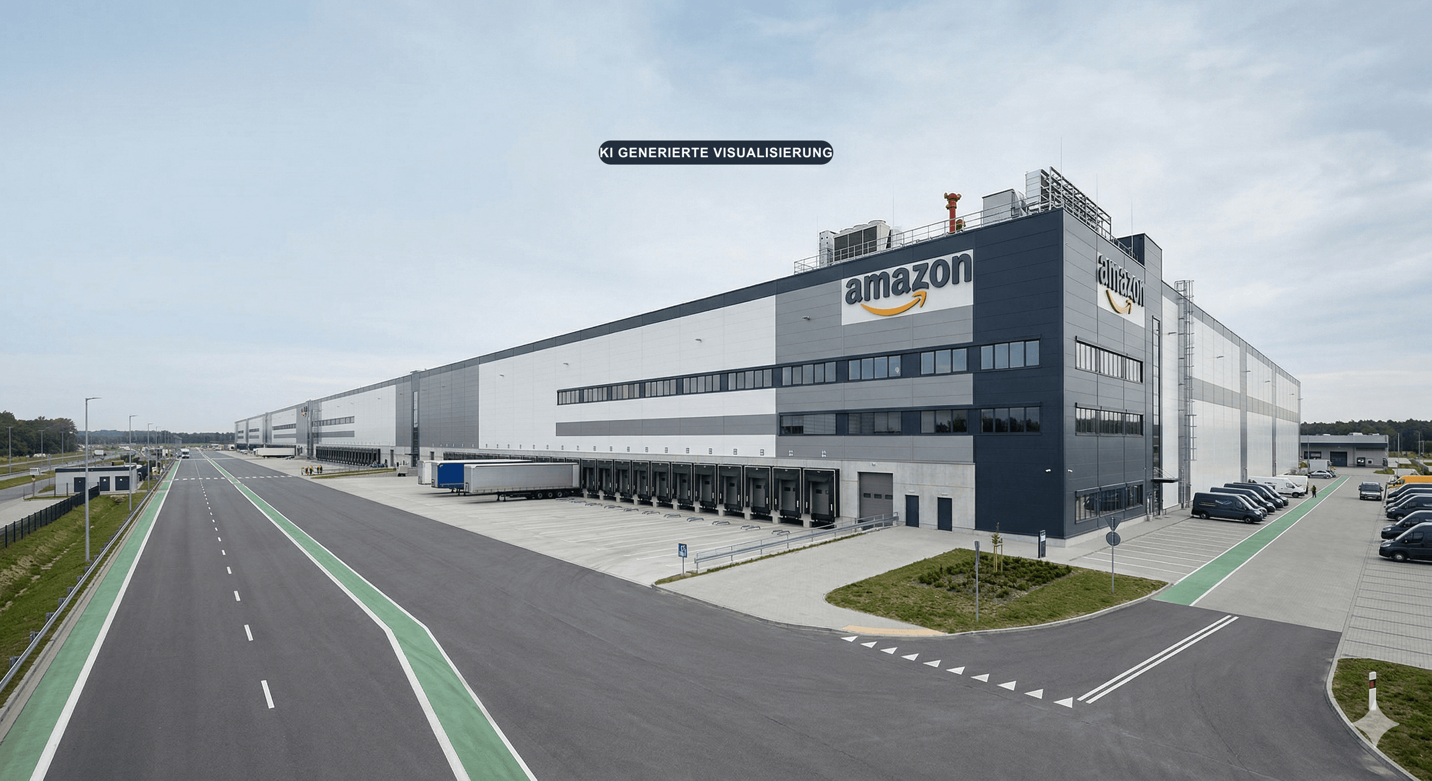Amazon DSA6 als Landingpage-Hero mit großflächiger Logistikarchitektur